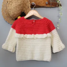 Woonie Hand knitted Full Sleeves Pom Pom Embellished & Colour Blocked Sweater - Cream image 3