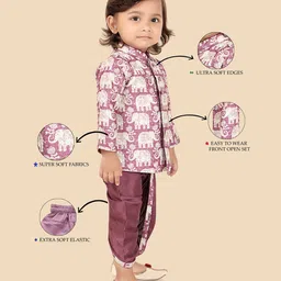 ETHNIKS NEURON Cotton Blend Woven Full Sleeves Elephant Printed Kurta Dhoti Set - Mauve image 4