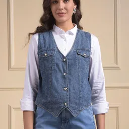 Numero Uno Women V Neck Denim Waistcoat-image-23