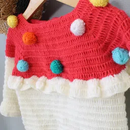 Woonie Hand knitted Full Sleeves Pom Pom Embellished & Colour Blocked Sweater - Cream image 5