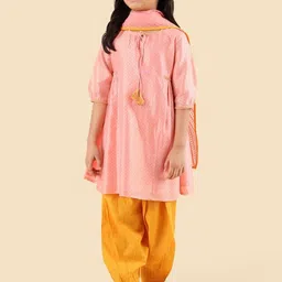 Fabindia Girls Polka Dots Printed Thread Work Cotton Silk Kurta With Patiala & Dupatta-image-10