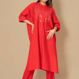 AUTUMN LANE Geometric Yoke Design Mirror Work Cotton Silk Kaftan Kurta With Trouser-picture-21