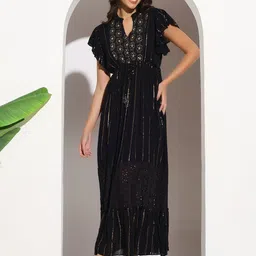 MAGRE Women Sequinned Mandarin Collar Pure Cotton Maxi Dress-image-29