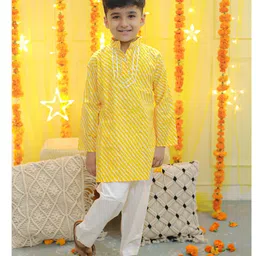 Bownbee Full Sleeves Leheriya Designed & Gota Lace Embellished Pure Cotton Kurta & Pyjama Set - Yellow-picture-17