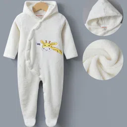 Kookie Kids Full Sleeves Footed Length Hooded Winter Wear Romper with Giraffe Embroidery - Beige-image-86