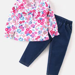 Babyhug Cotton Knit Full Sleeves Floral Printed Top & Denim Pants Set - Pink & Blue-picture-25