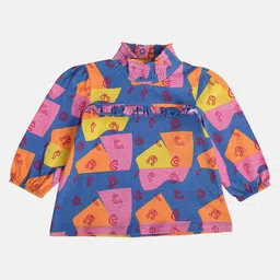 MINI KLUB Cotton Full Puffed Sleeves Frill Detailed Alphabets Printed Top - Blue-picture-26