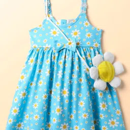 Babyhug Single Jersey Knit Sleeveless Floral Printed Frock with Sling Bag & Bow Applique - Light Blue-picture-17