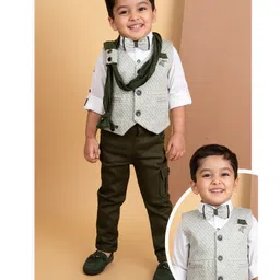 LITTLE COLLARS Cotton Blend Full Sleeves Jacquard 3 Piece Party Suit Set With Bow & Stole - Green-picture-17