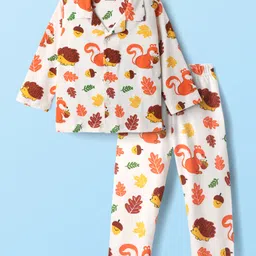 Babyhug Cotton Knit Full Sleeves Co-Ord Night Suit With Squirrel & Porcupine Print - White-picture-35