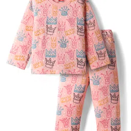 Babyhug Polyfill Knit Full Sleeves Winter Wear Co-Ords Night Suit With Crown Print - Pink-picture-13