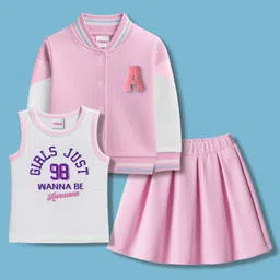Babyhug Terry Knit Full Sleeves Jacket and Top With Pleated Skirt & Just Girl Things Text Print - Pink & White-image-69