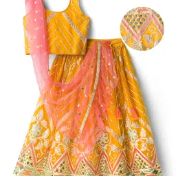 EARTHY TOUCH Woven Sleeveless Choli Lehenge & Dupatta Set With Floral Embriodery - Yellow-picture-17