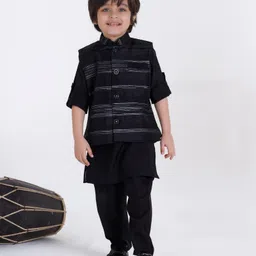 Ministitch Jaquard Woven Full Sleeves Kurta & Pant With Striped Jacket Set - White-picture-22