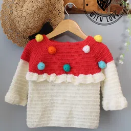 Woonie Hand knitted Full Sleeves Pom Pom Embellished & Colour Blocked Sweater - Cream-picture-18