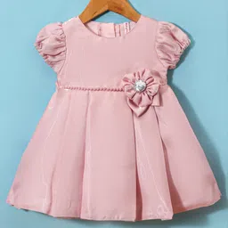 babyhug BabyhugWoven Half Puffed Sleeves Fit & Flared Party Frock with BootiesFloral Applique - Beige image 2