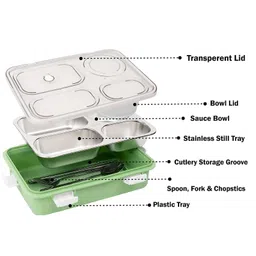 FUNVERSE Lunch Box for Adults Lunch Box for Kids Stainless Steel Lunch Box with Fork,Chopstick & Spoon Lid Office Food Container 4 Compartment for Kids & Adults (Green)(1.3Ltr) image 2