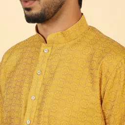 KRAFT INDIA Men Mustard Ethnic Motifs Printed Silk Blend Kurta with Dhoti Pants image 4