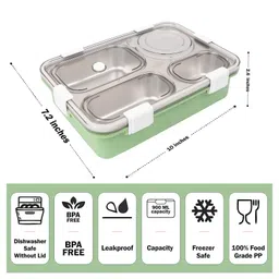 FUNVERSE Lunch Box for Adults Lunch Box for Kids Stainless Steel Lunch Box with Fork,Chopstick & Spoon Lid Office Food Container 4 Compartment for Kids & Adults (Green)(1.3Ltr) image 3
