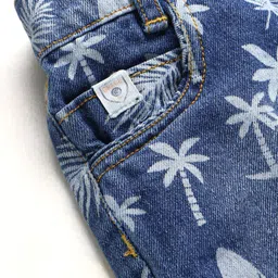 Little Kangaroos Above Knee Length Printed Stretch Denim Shorts Palm Tree Print - Blue image 4