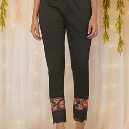 Moda Rapido Women Black Cotton Embroidered Comfort Easy Wash Trousers-image-93