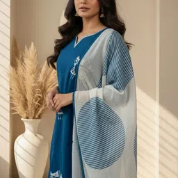 OLWAZE Motifs Embroidered Thread Work Pure Silk Straight Kurta With Trousers & Dupatta image 2