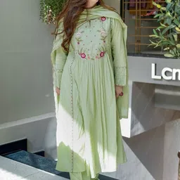 KALINI Women Floral Embroidered Tiered Thread Work Chanderi Silk Kurta with Palazzos & With Dupatta image 2