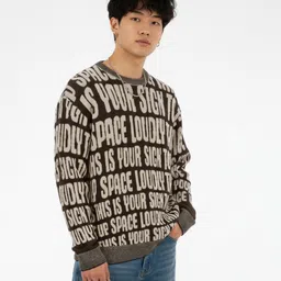 glitchez Typography Self Design Round Neck Drop Shoulder Sleeves Oversized Pullover-picture-37