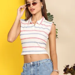 Dressitude Women Striped Polo Collar Pure Cotton Slim Fit T-shirt image 4