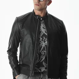 Jack & Jones Men Mandarin Collar Solid Leather Jacket image 5