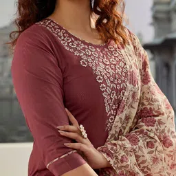 FOXENT Women Ethnic Motifs Embroidered Pure Cotton Kurta With Trousers & Dupatta image 2