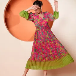 Antheaa Women Floral Printed Fit & Flare Pleated Midi Dress-picture-21