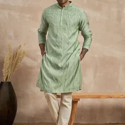 Anouk Olive Green Ethnic Motifs Embroidered Mandarin Collar Mirror Work Straight kurta-image-68