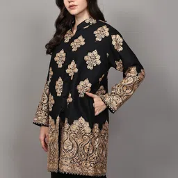 Exotic India Women Floral Woollen Longline Open Front Jacket with Embroidered image 5