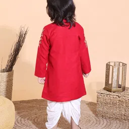 Babyoye Cotton Full Sleeves Kurta & Dhoti Floral Embroidery - Red White image 3