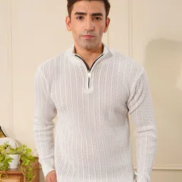 KVETOO Cable Knit Self Design Mock Collar Pullover image 3