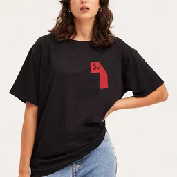 Genzy Women Typography Printed Drop-Shoulder Sleeves Applique T-shirt-picture-20