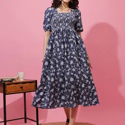 Honky Tonky Women Floral Print Puff Sleeve Crepe Fit & Flare Midi Dress-image-91