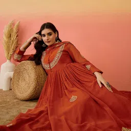 Sangria Floral Embroidered Empire Georgette Anarkali Kurta With Trouser & Dupatta image 4