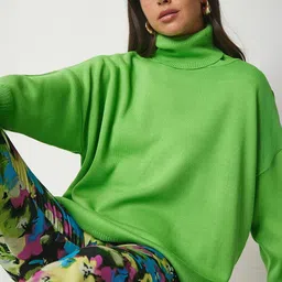 Happiness istanbul Women Ribbed Turtle Neck Oversized Pullover image 5