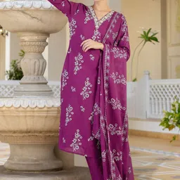 Indo Era Women Floral Printed Regular Thread Work Pure Cotton Kurta with Trousers & With Dupatta-picture-18