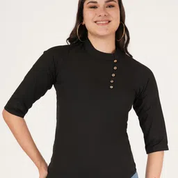 Brownverse Women Mandarin Solid Collar Cotton Top-image-48