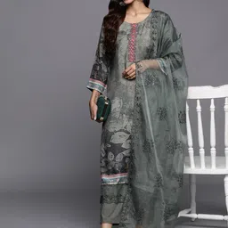 KALINI Women Floral Printed Regular Thread Work Kurta with Trousers & With Dupatta image 5