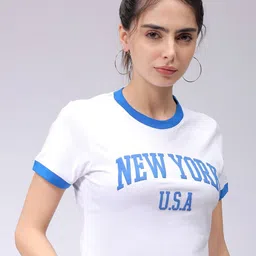 Freehand by The Indian Garage Co Women Typography Printed Applique Slim Fit T-shirt-image-17