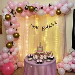 fun and flex Birthday Decorations for girls with white net Curtain and Fairy Lights - 74 Pcs-picture-12