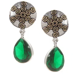 Bamboo Tree Jewels Green & Silver-Toned Dome Shaped Handcrafted Drop Earrings image 1