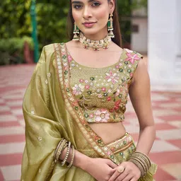 KALINI Floral Embroidered Thread Work Ready To Wear Lehenga & Unstitched Blouse Dupatta image 5