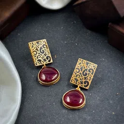 NAMAN ARTS Gold Plated Artificial Stones Studded Oxidised Square Shaped Drop Earrings-picture-17
