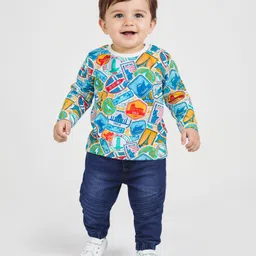 Babyhug Single Jersey Knit Full Sleeves Voyage Print T-Shirt & Jeans Set - Blue-picture-12