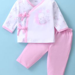 Zero Interlock Knit Full Sleeves T-Shirt & Joggers Set with Bear Print - Pink & White-picture-9